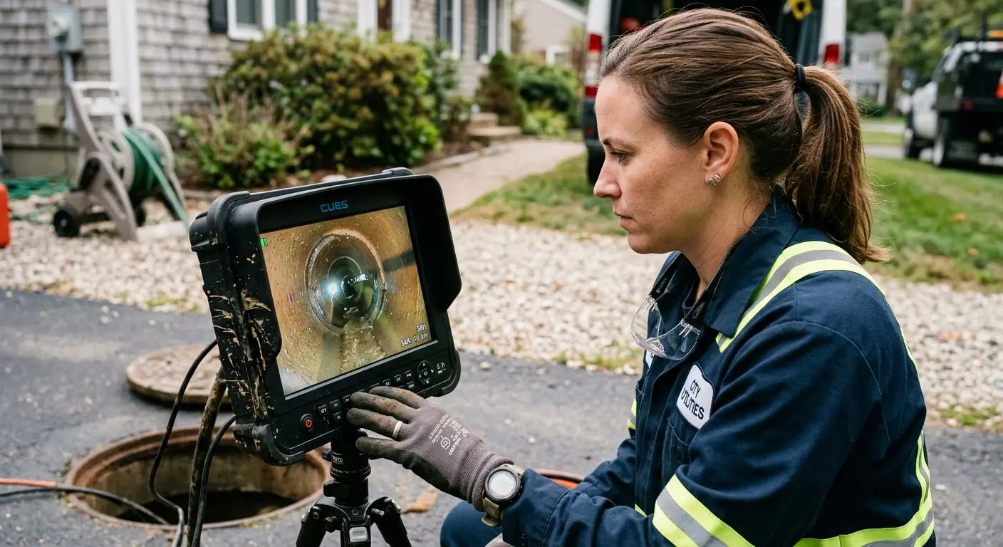 Technician reviewing sewer camera inspection footage in Charlotte