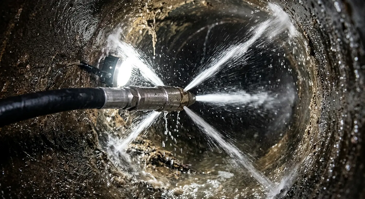 High-pressure hydro jetting nozzle cleaning sewer pipe for Trenchless Sewer Repair in Charlotte